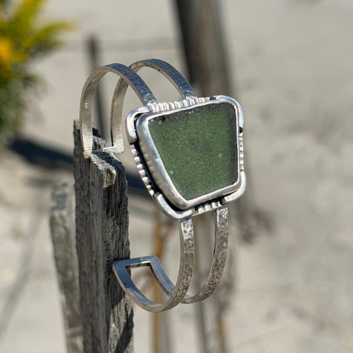 Moss Green Double Sea Glass Cuff Bracelet