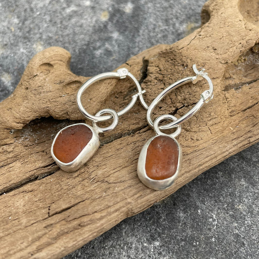 Amber Sea Glass Hoop Earrings