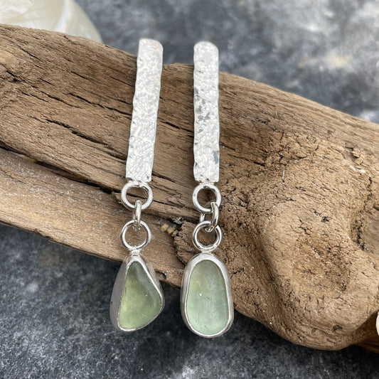Sage Green Sea Glass Dangle Bar Earrings
