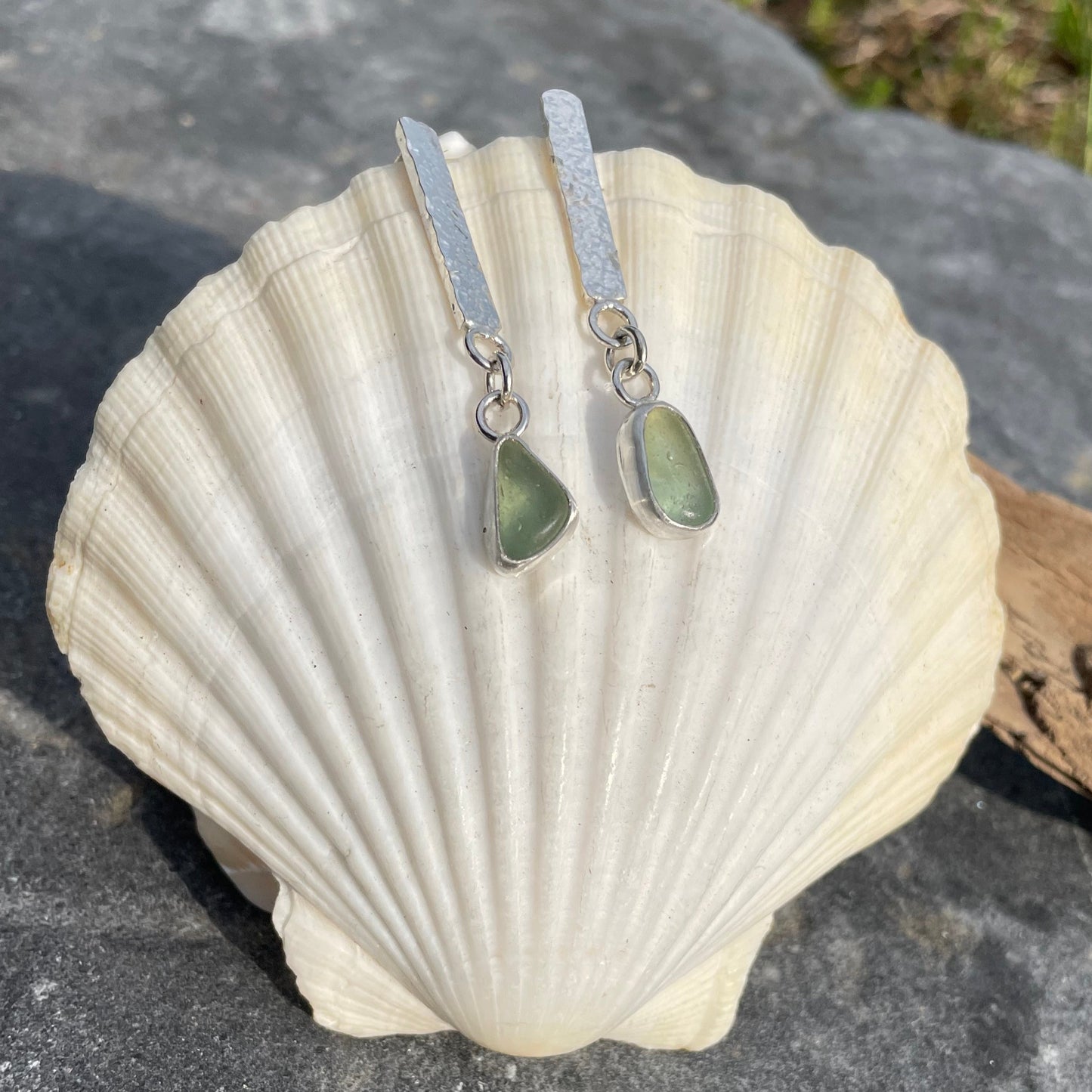 Sage Green Sea Glass Dangle Bar Earrings