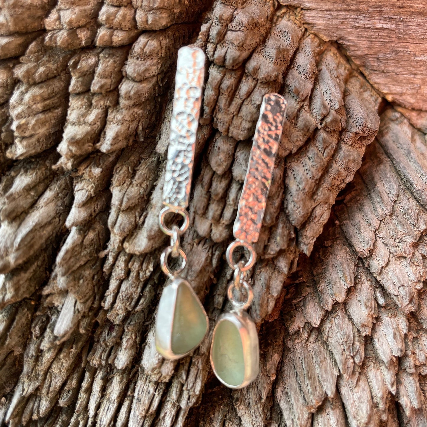 Sage Green Sea Glass Dangle Bar Earrings