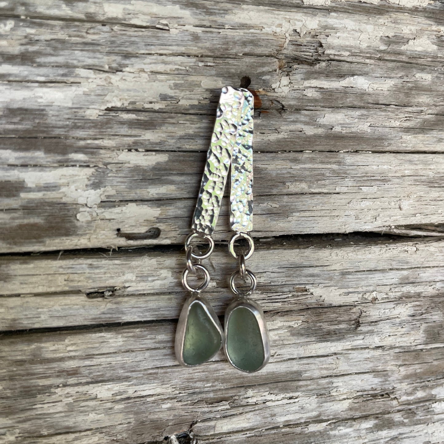 Sage Green Sea Glass Dangle Bar Earrings