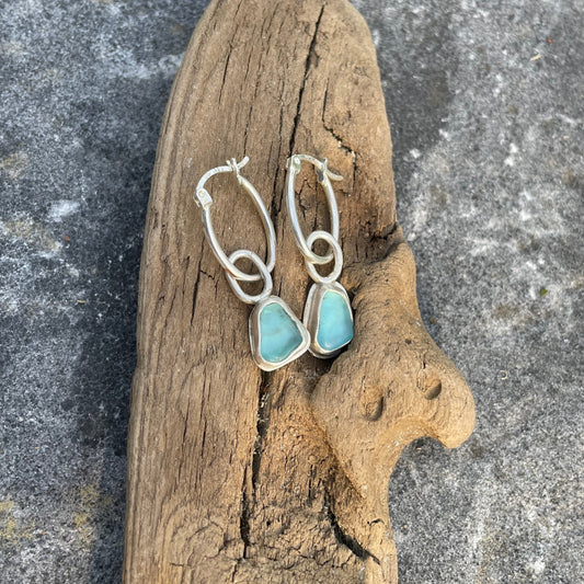 Teal Blue Sea Glass Hoop Earrings