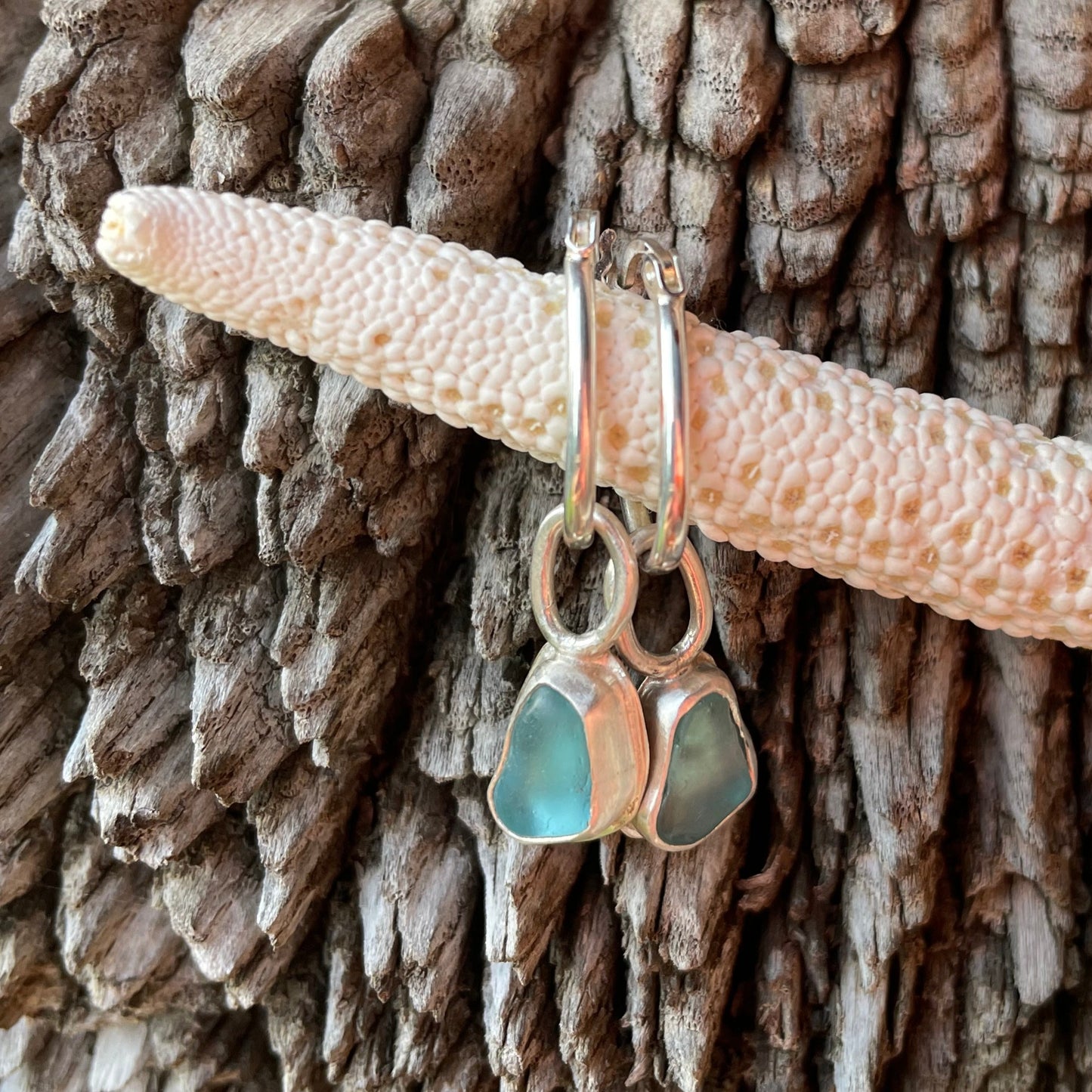 Teal Blue Sea Glass Hoop Earrings