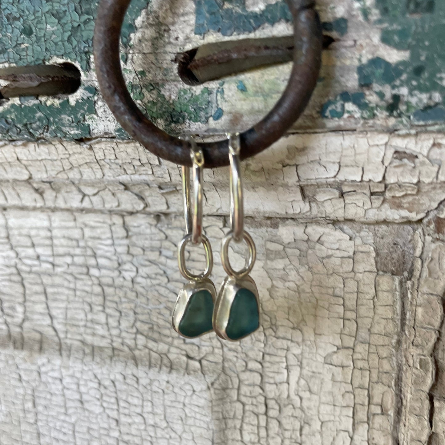 Teal Blue Sea Glass Hoop Earrings