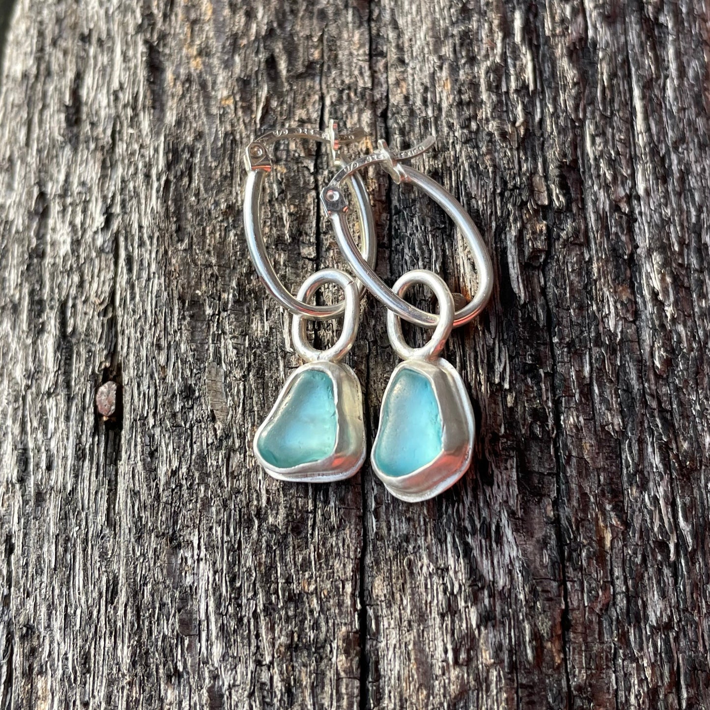 Teal Blue Sea Glass Hoop Earrings