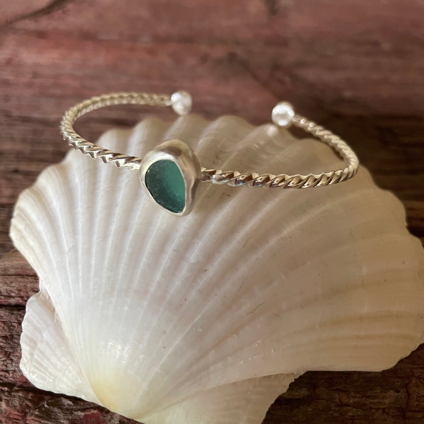 Teal Blue Twisted Sea Glass Cuff Bracelet