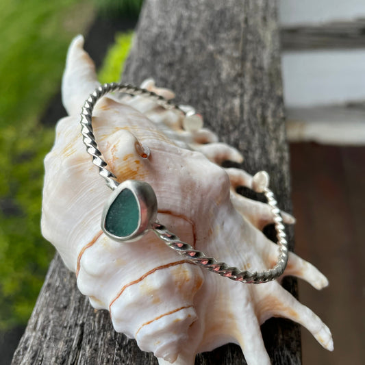 Teal Blue Twisted Sea Glass Cuff Bracelet