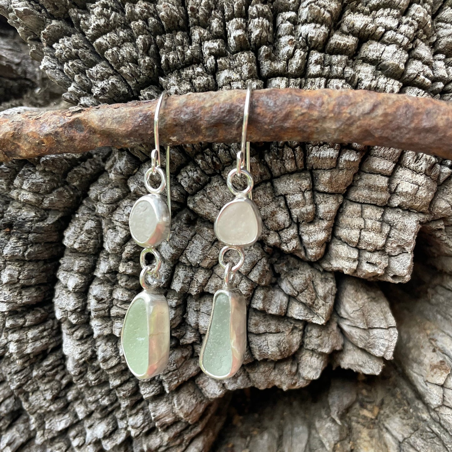 Sea Foam Green and White Sea Glass Dangle Earrings