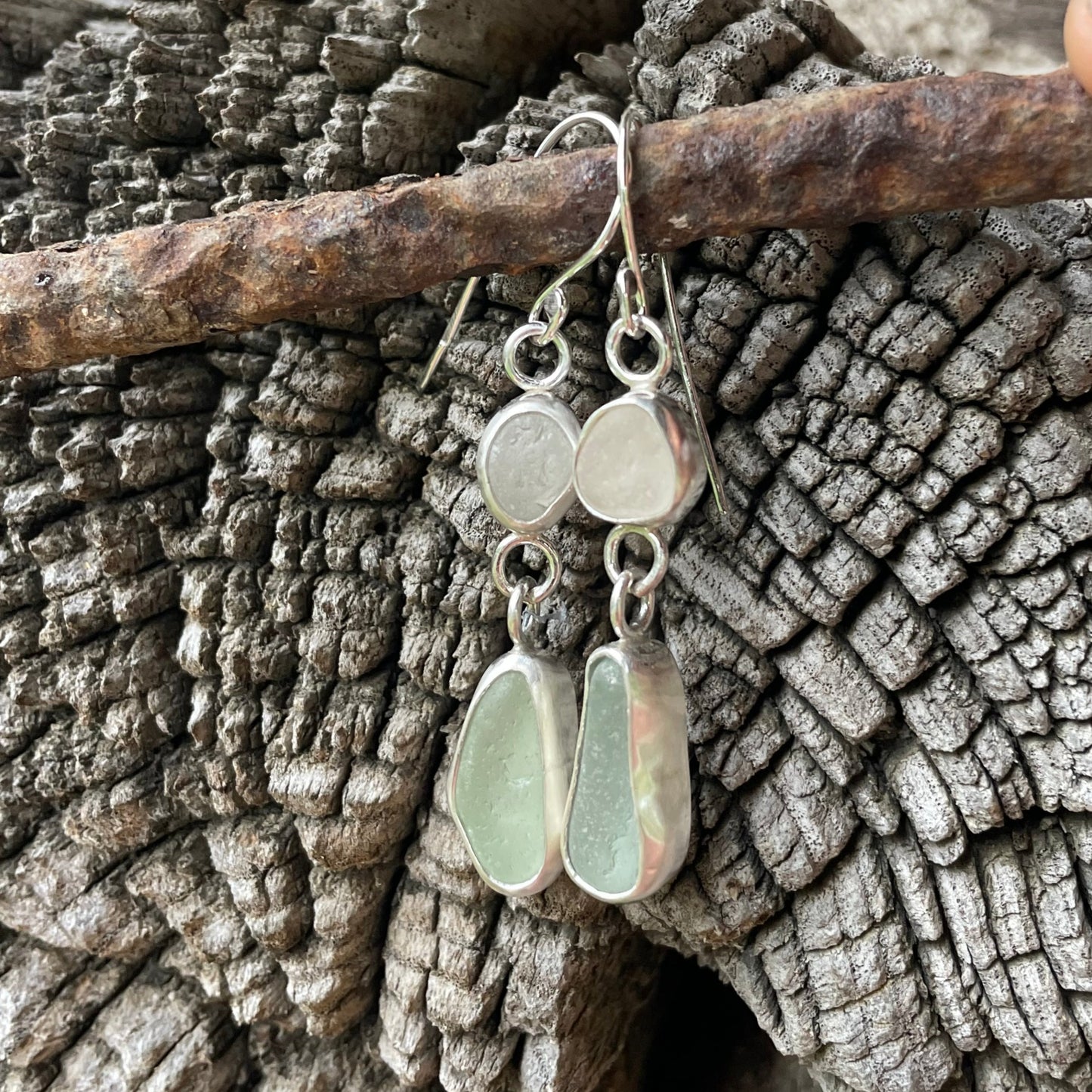 Sea Foam Green and White Sea Glass Dangle Earrings