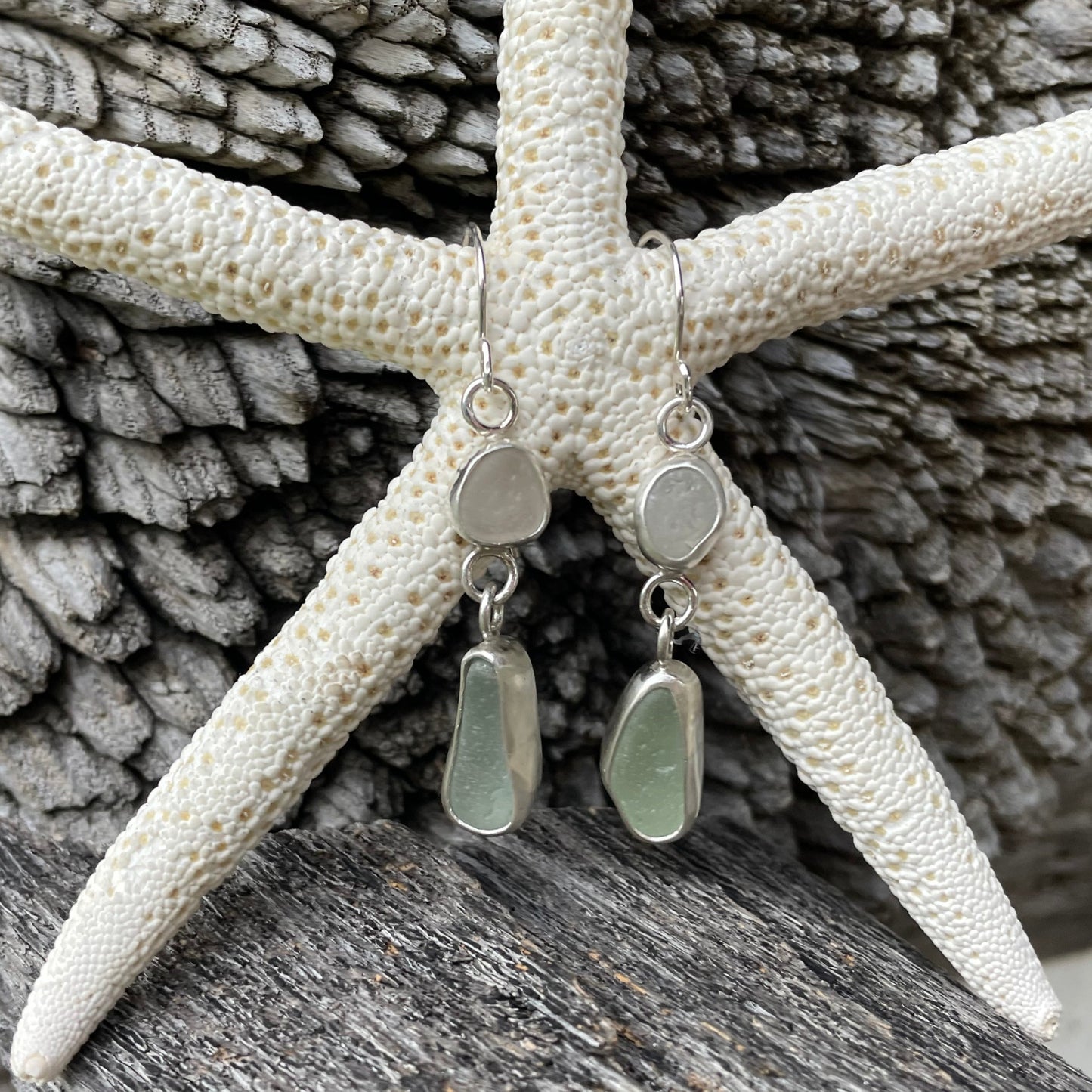 Sea Foam Green and White Sea Glass Dangle Earrings