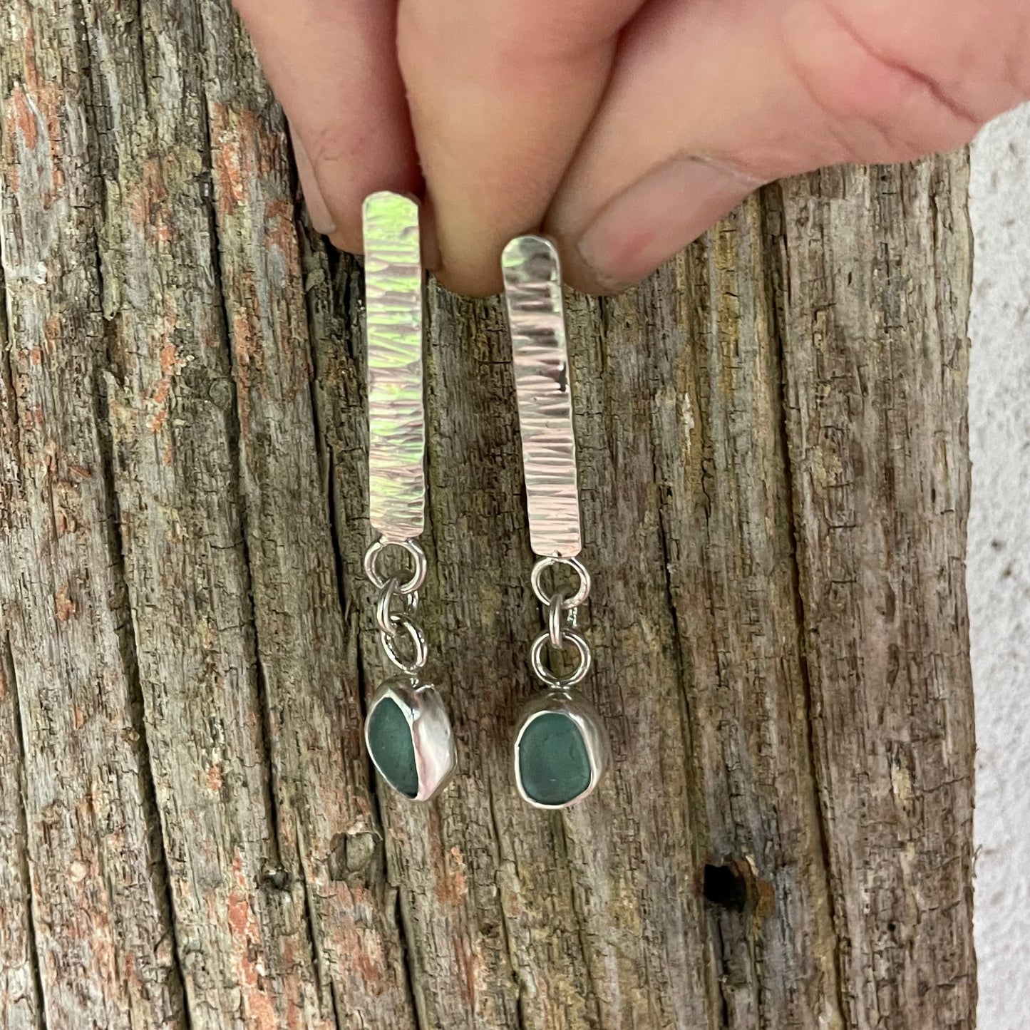 Teal Blue Sea Glass Dangle Bar Earrings