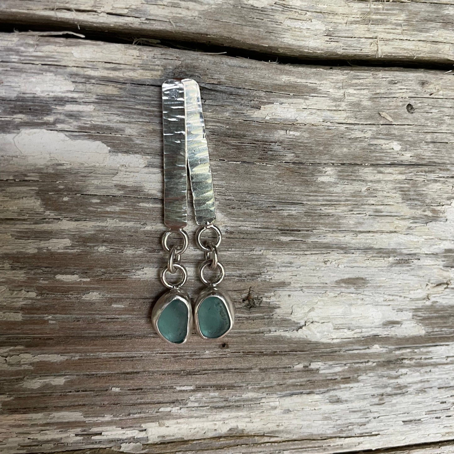 Teal Blue Sea Glass Dangle Bar Earrings