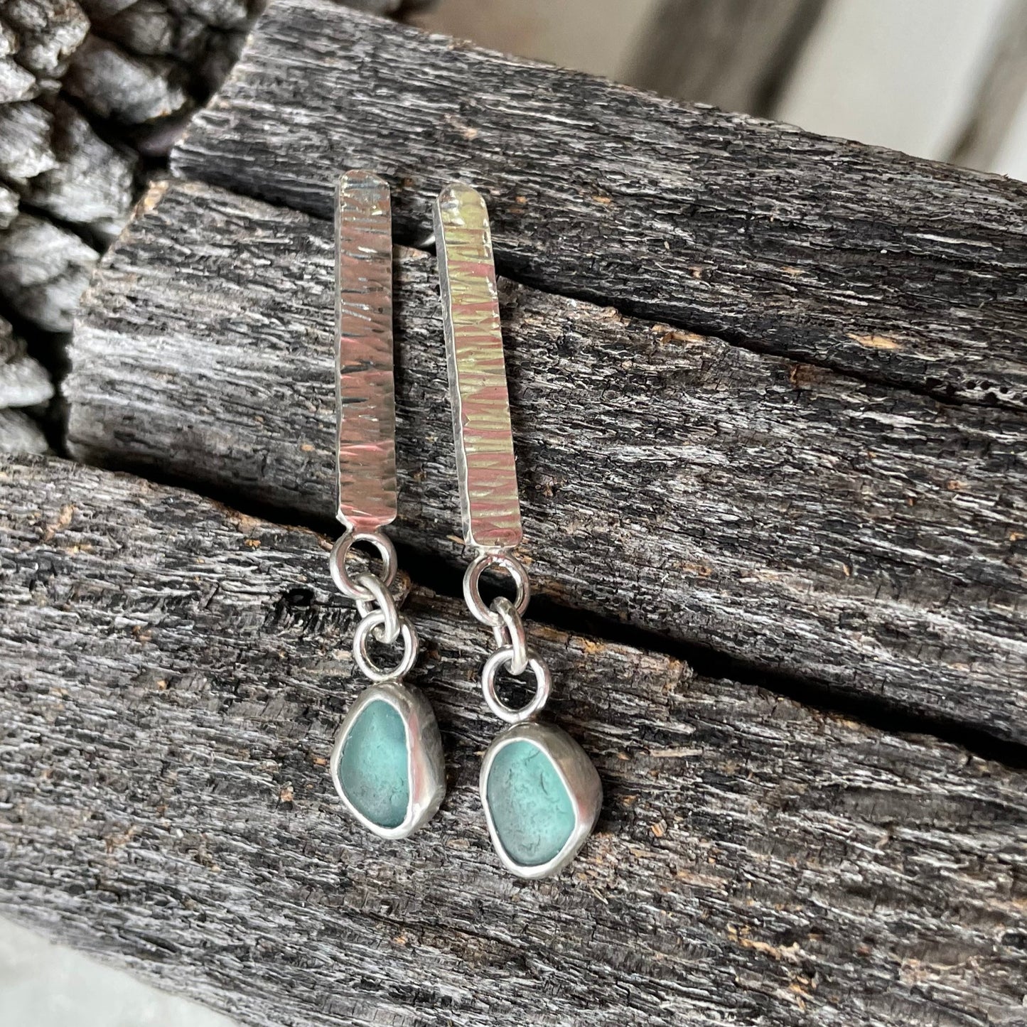 Teal Blue Sea Glass Dangle Bar Earrings