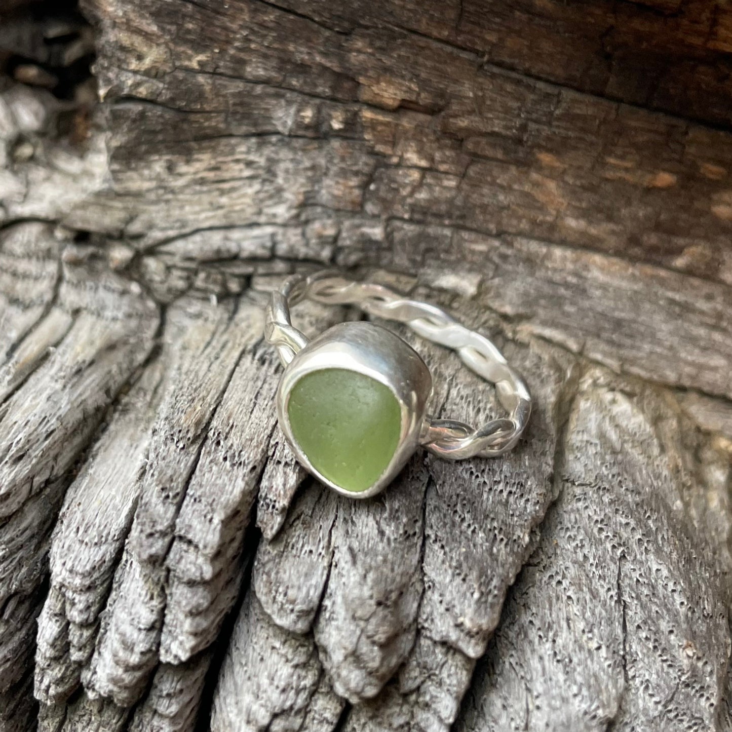 Olive Green Sea Glass Ring - Size 8