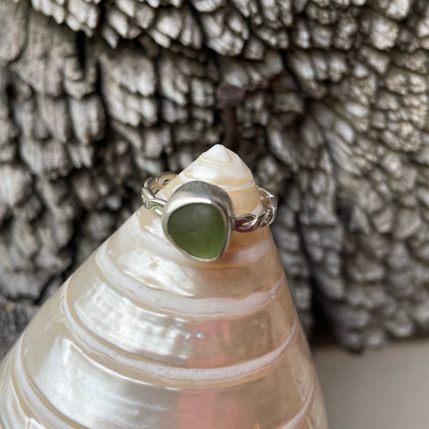 Olive Green Sea Glass Ring - Size 8