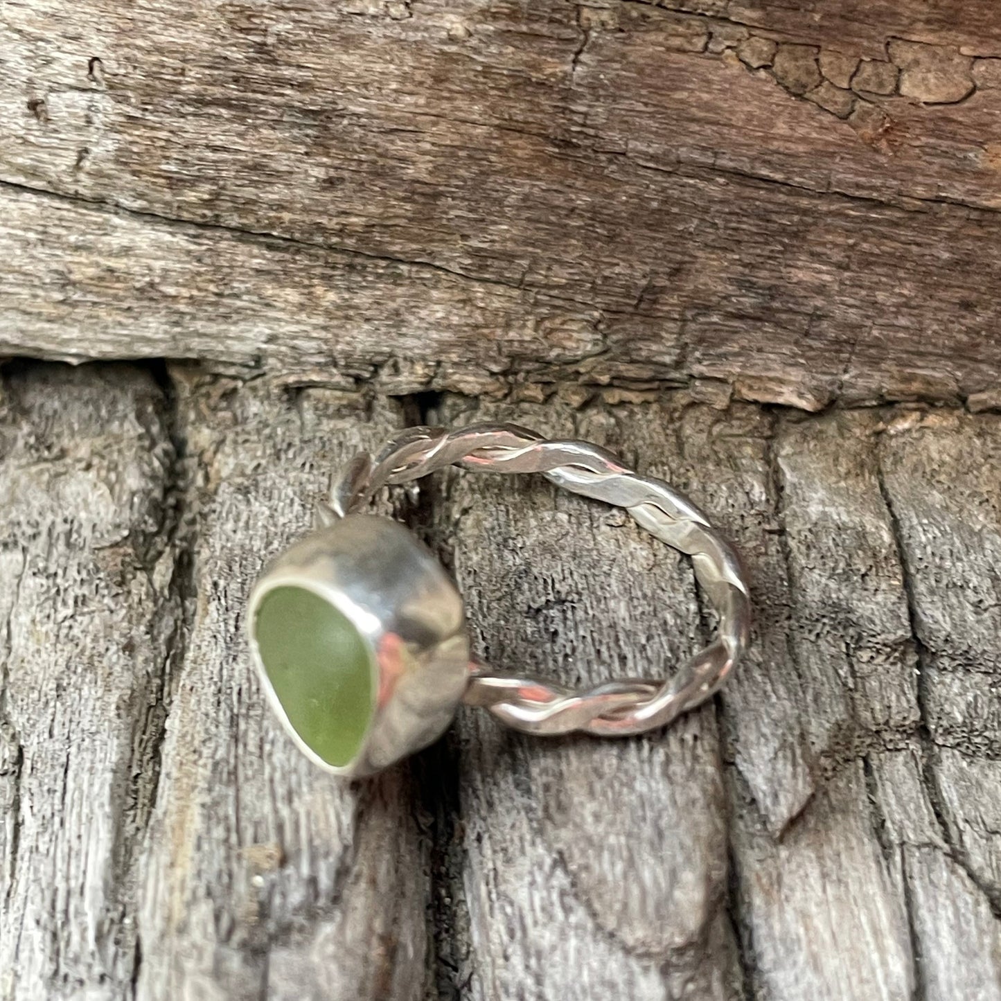 Olive Green Sea Glass Ring - Size 8