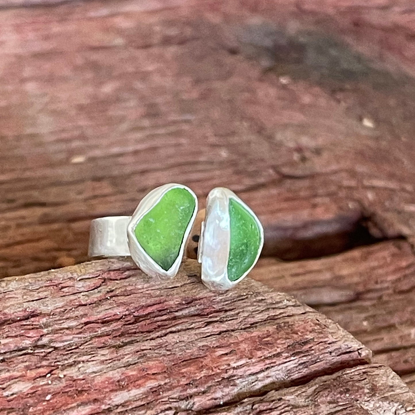 Double Lime Green Sea Glass Adjustable Ring