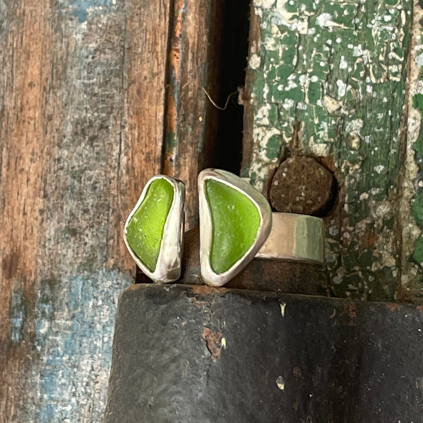 Double Lime Green Sea Glass Adjustable Ring