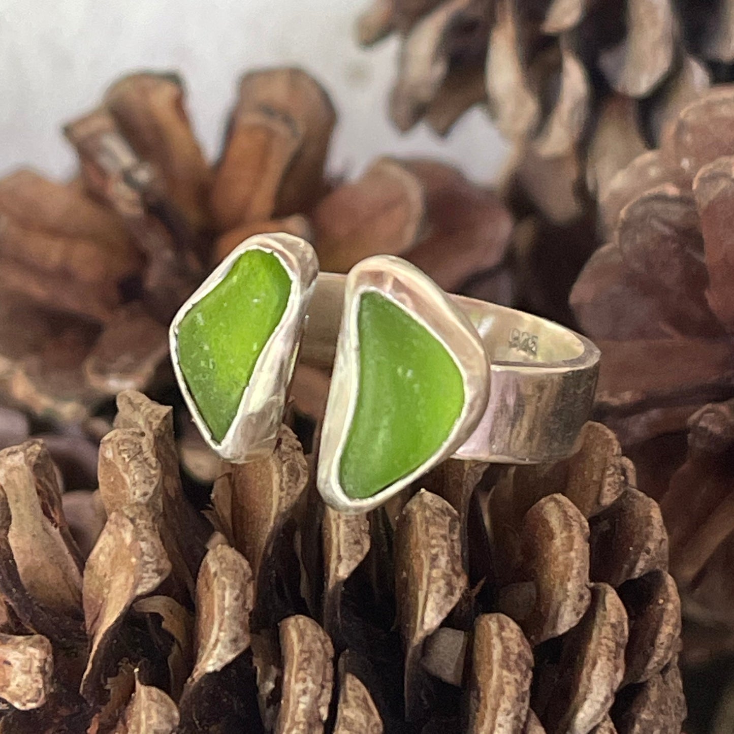 Double Lime Green Sea Glass Adjustable Ring