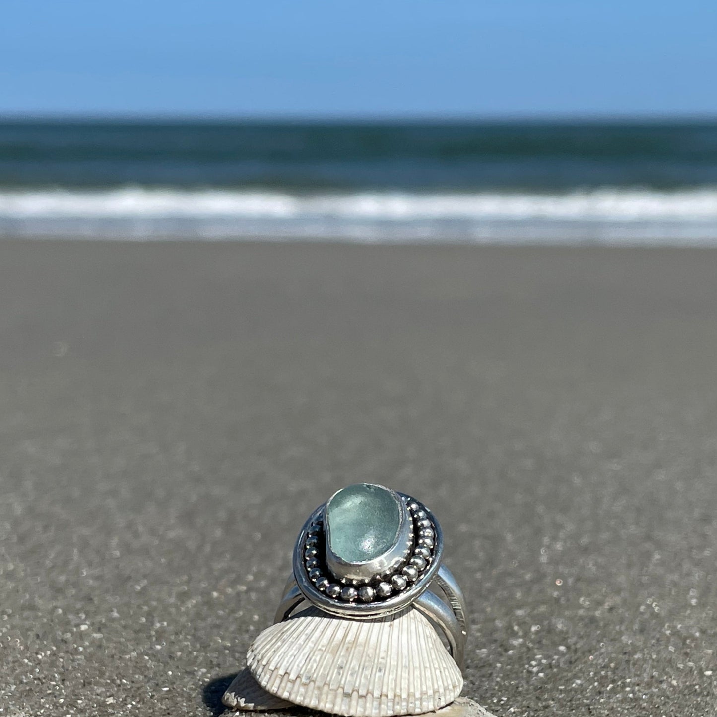 Sea Foam Blue Sea Glass Statement Ring - Size 9.5