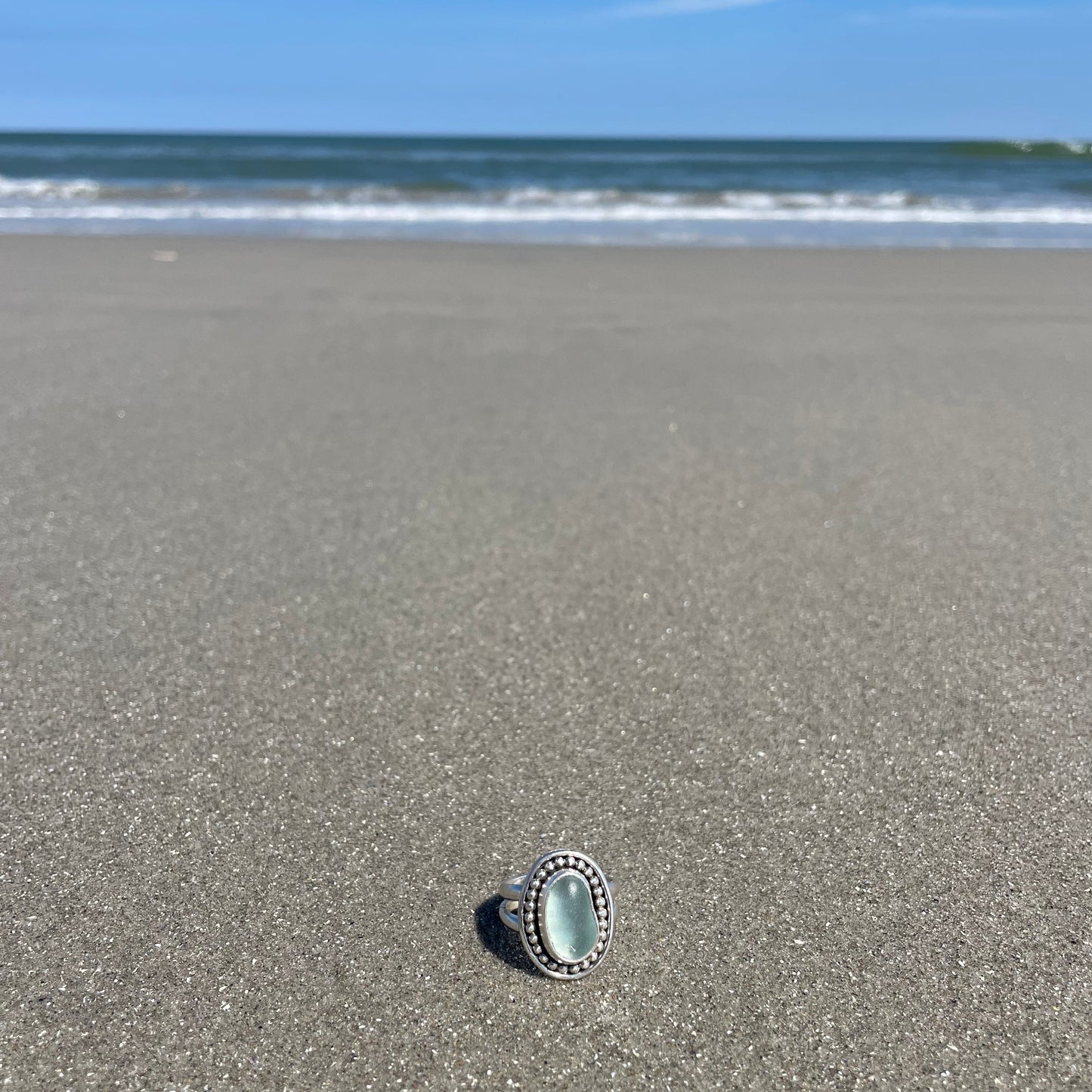 Sea Foam Blue Sea Glass Statement Ring - Size 9.5