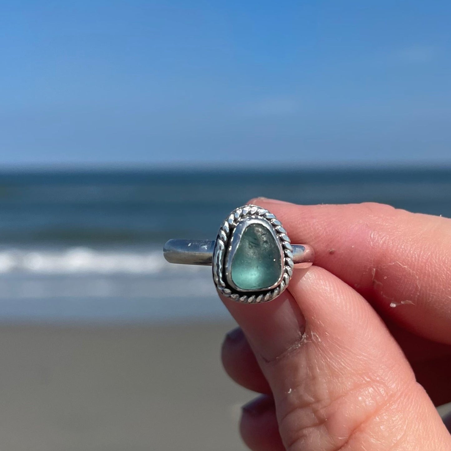 Twisted Teal Blue Sea Glass Ring - Size 7.5