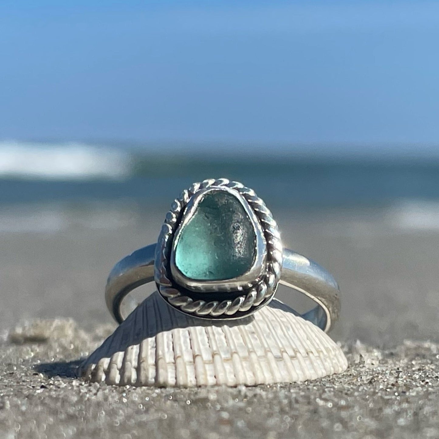 Twisted Teal Blue Sea Glass Ring - Size 7.5