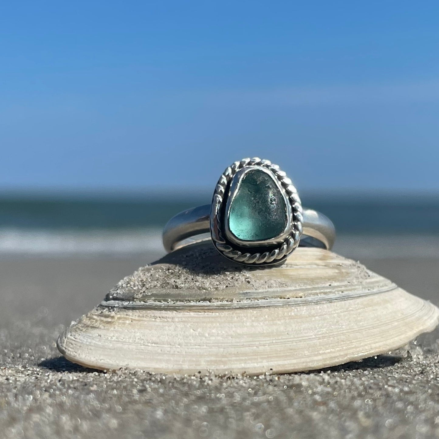 Twisted Teal Blue Sea Glass Ring - Size 7.5