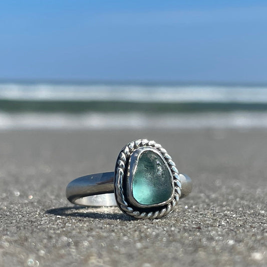 Twisted Teal Blue Sea Glass Ring - Size 7.5