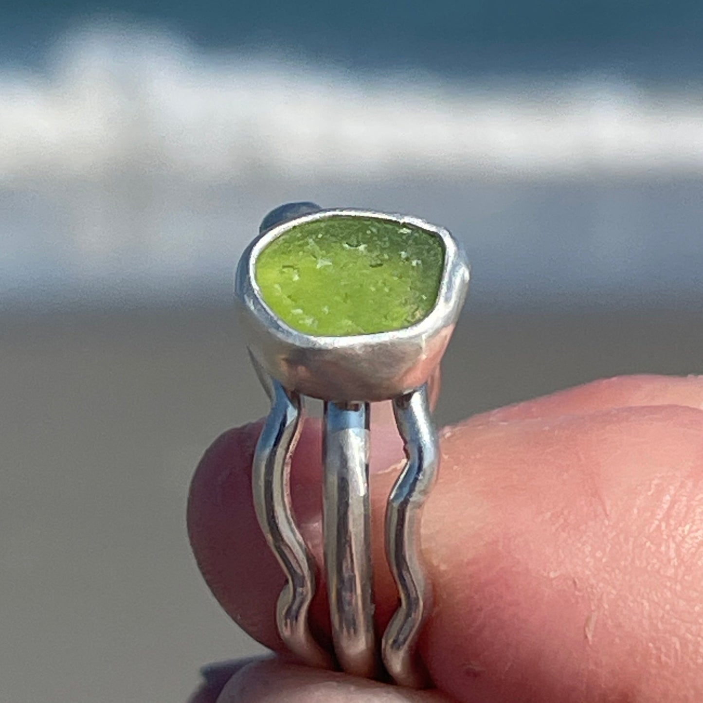 Lime Green Sea Glass Stacking Rings - Size 8.5