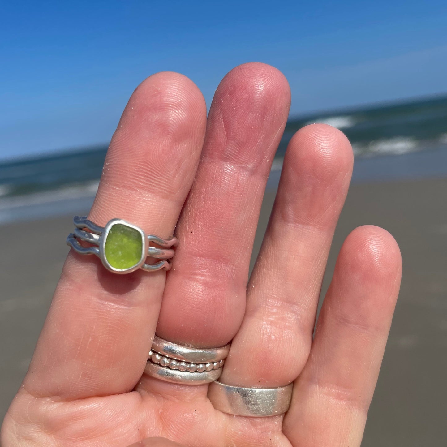 Lime Green Sea Glass Stacking Rings - Size 8.5