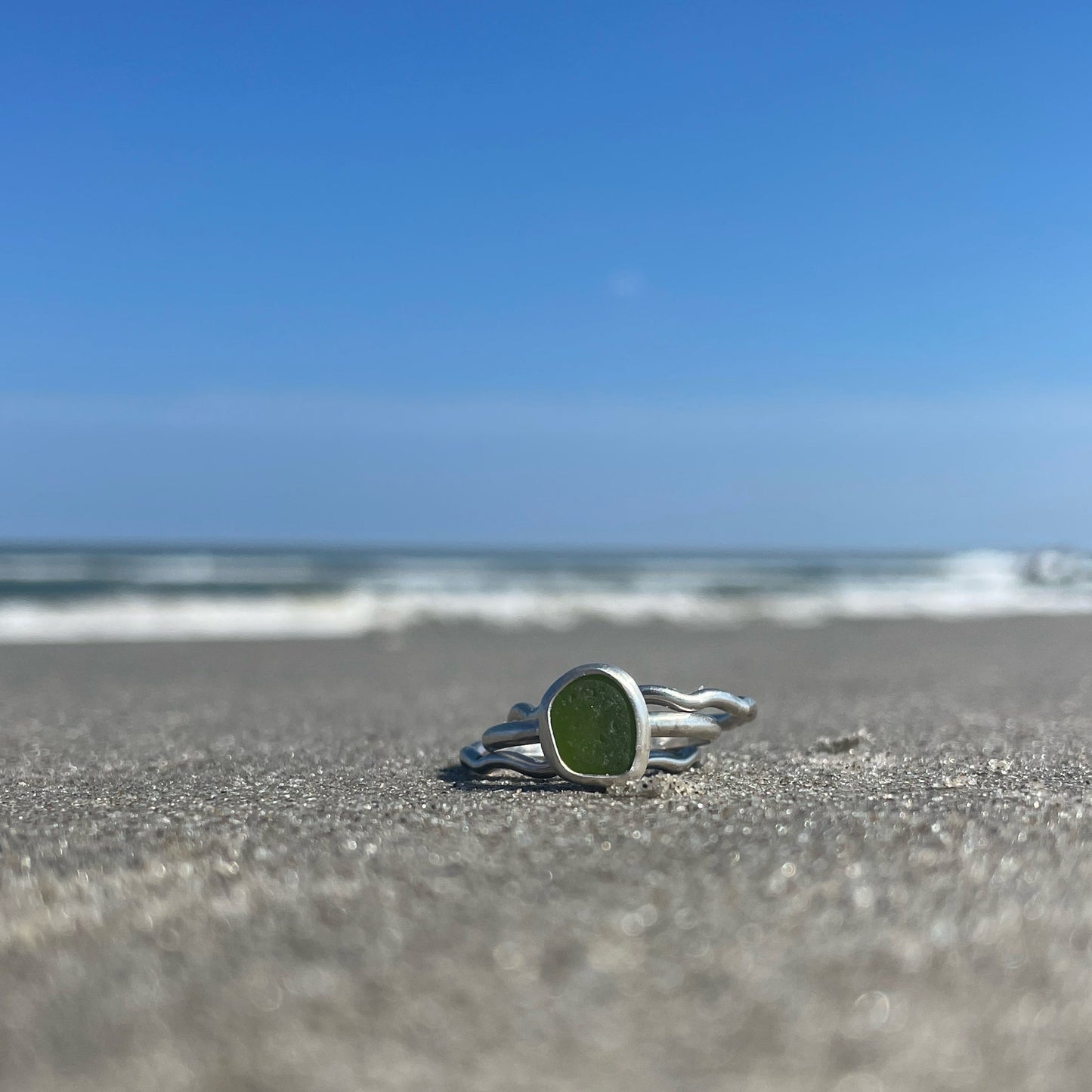 Lime Green Sea Glass Stacking Rings - Size 8.5