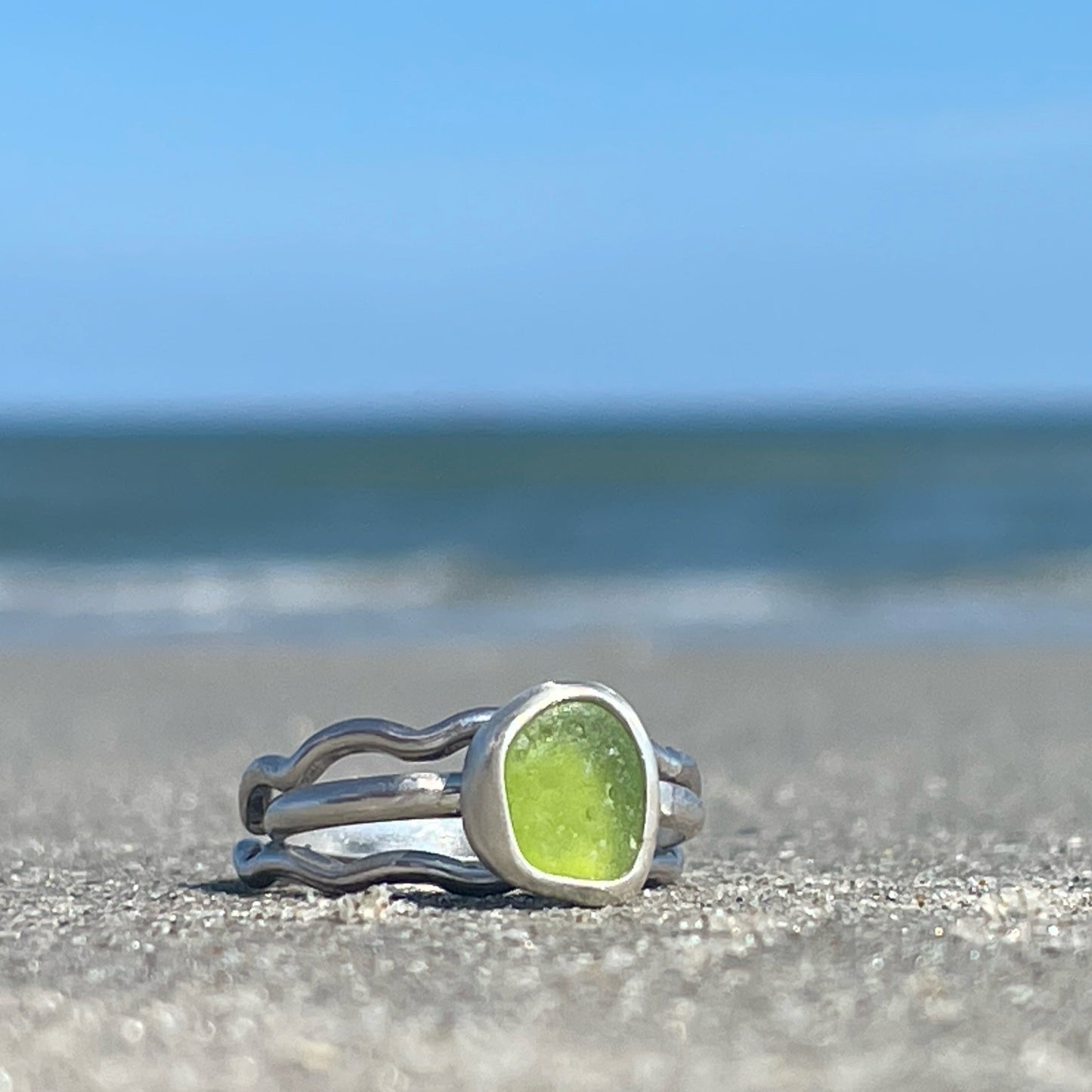 Lime Green Sea Glass Stacking Rings - Size 8.5