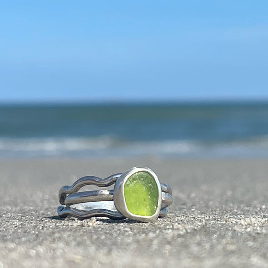 Lime Green Sea Glass Stacking Rings - Size 8.5