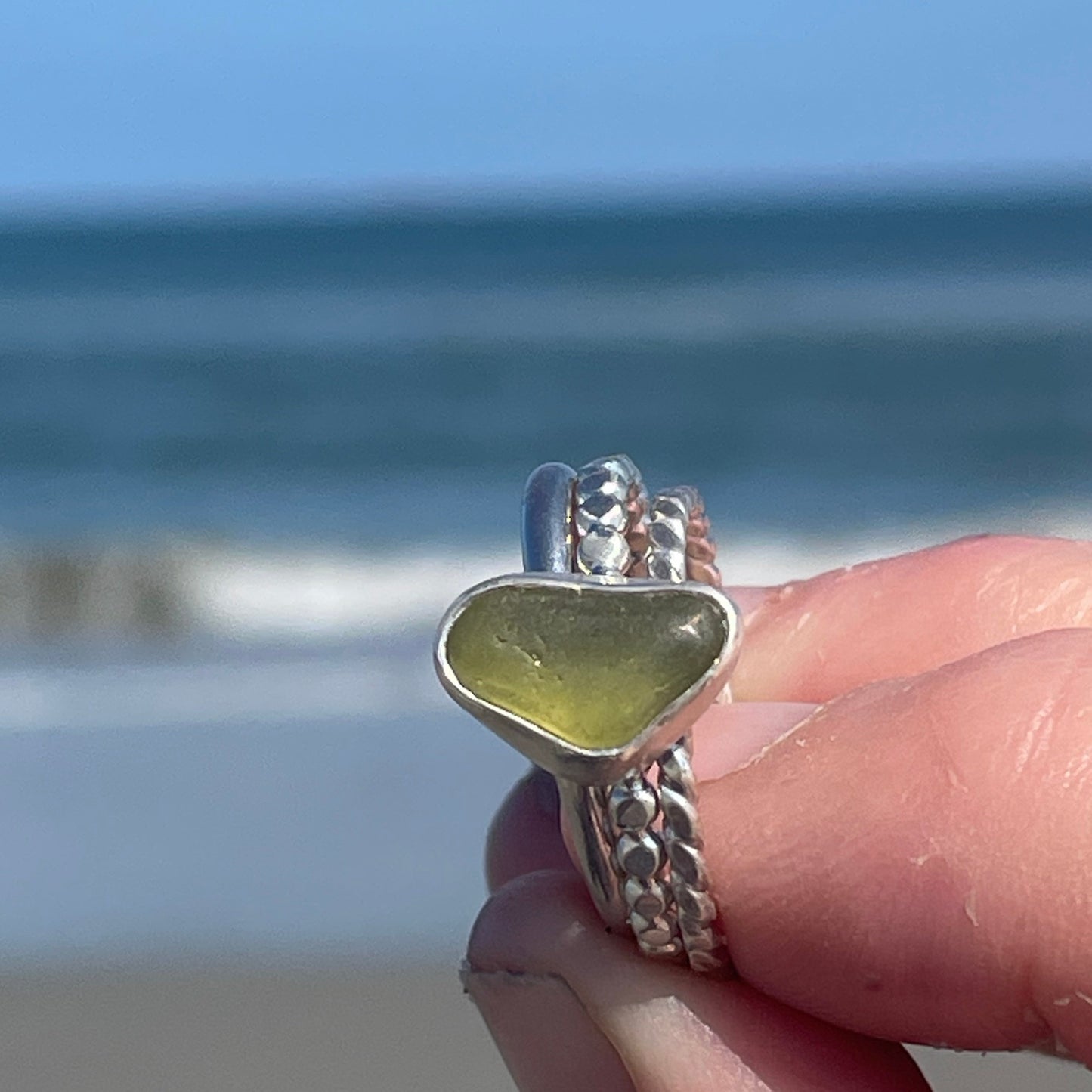 Olive Green Sea Glass Stacking Rings - size 7.5