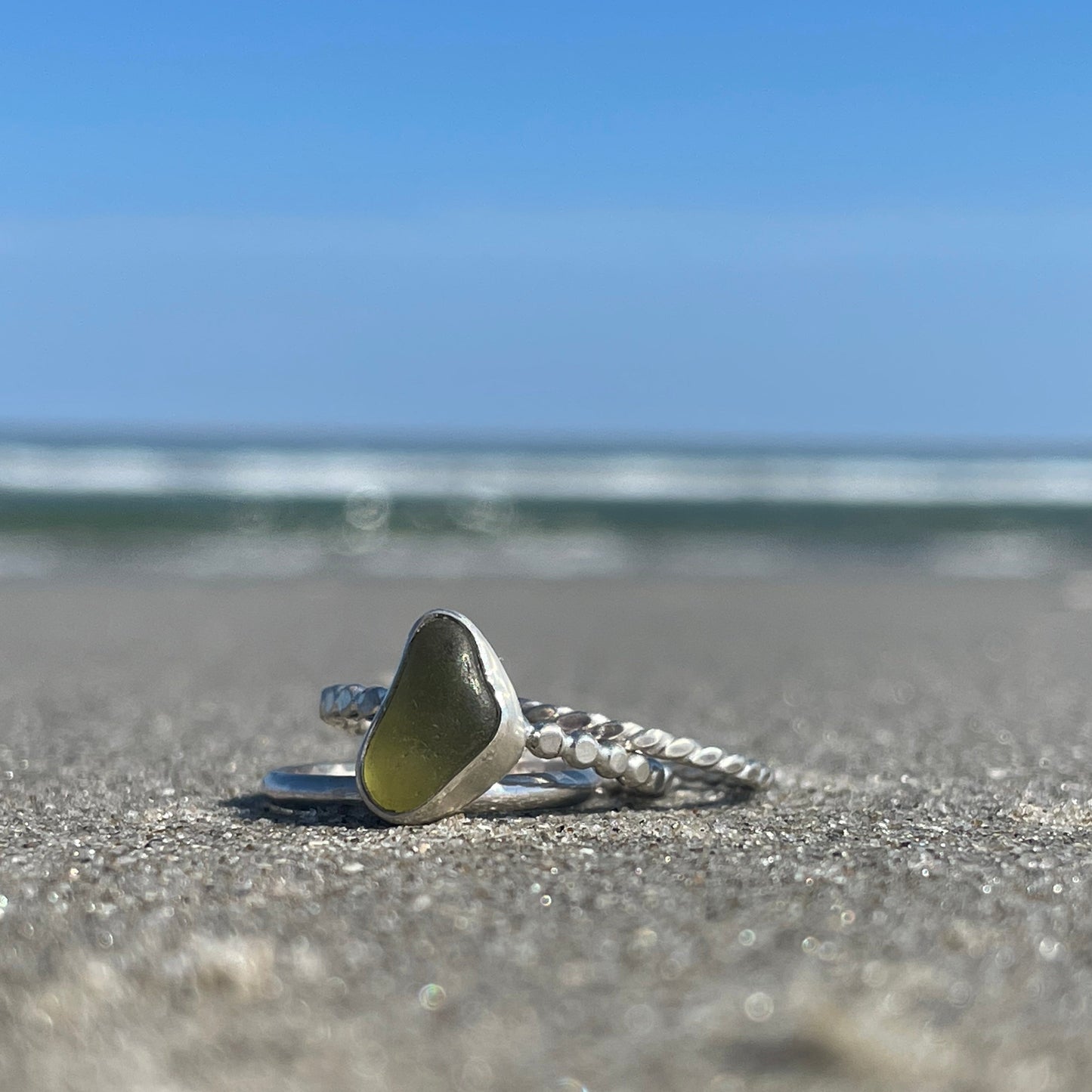 Olive Green Sea Glass Stacking Rings - size 7.5