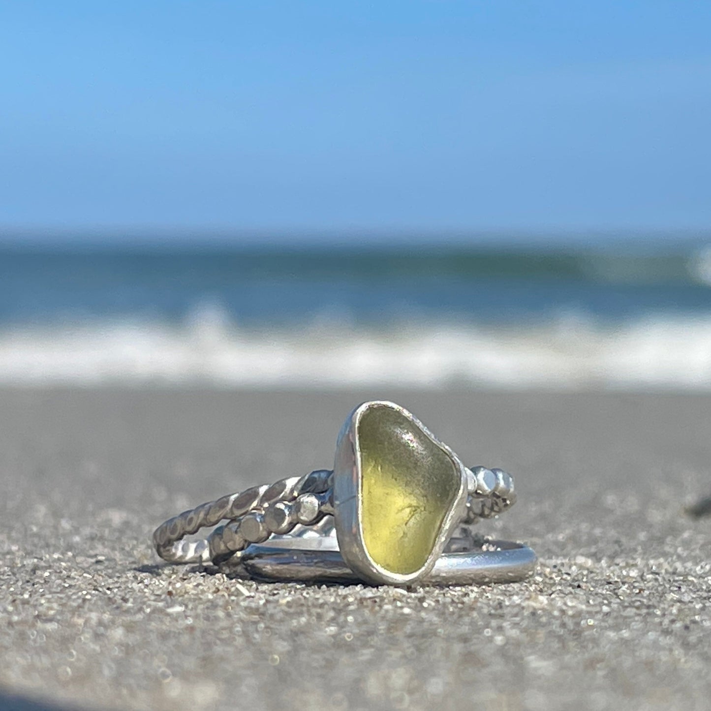 Olive Green Sea Glass Stacking Rings - size 7.5