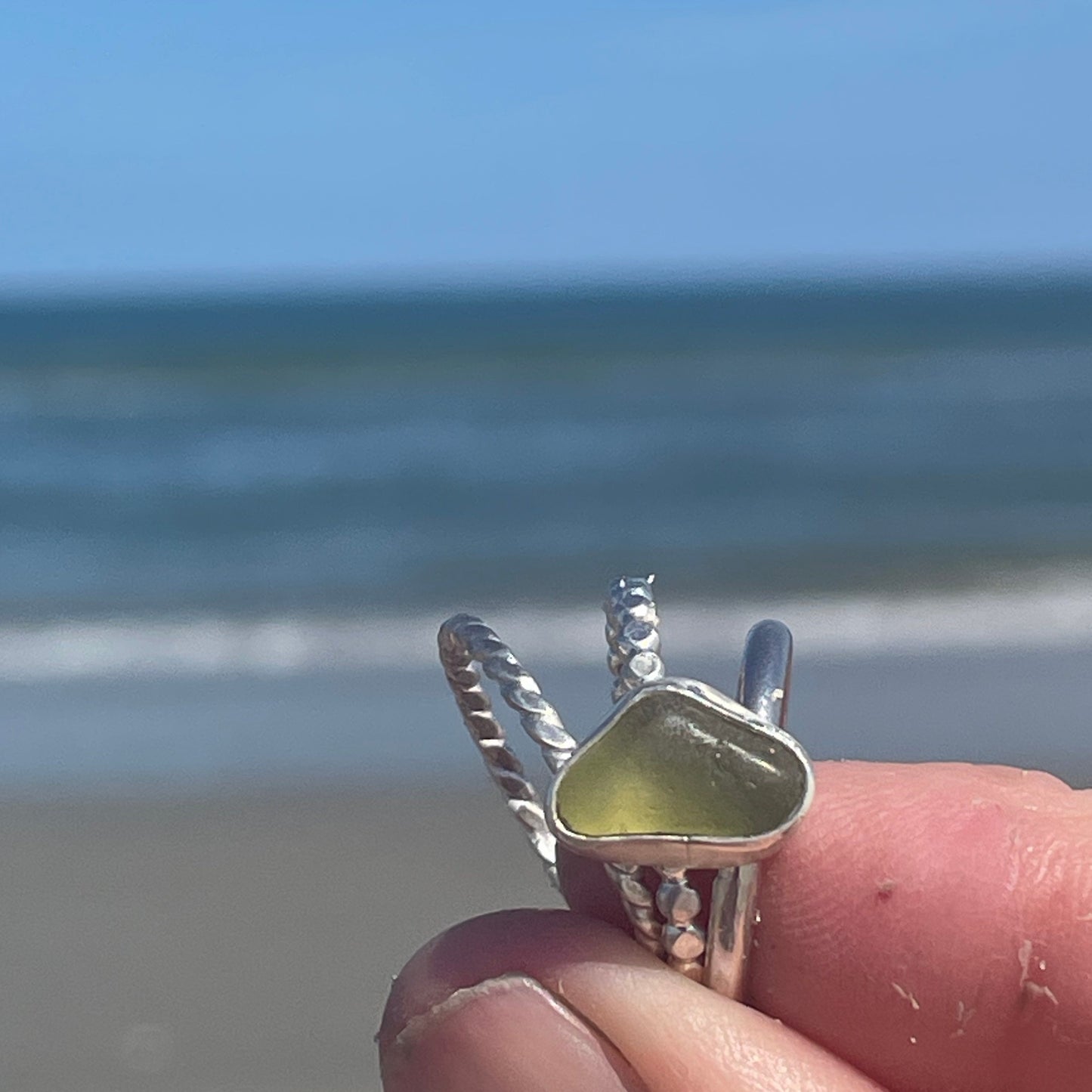 Olive Green Sea Glass Stacking Rings - size 7.5