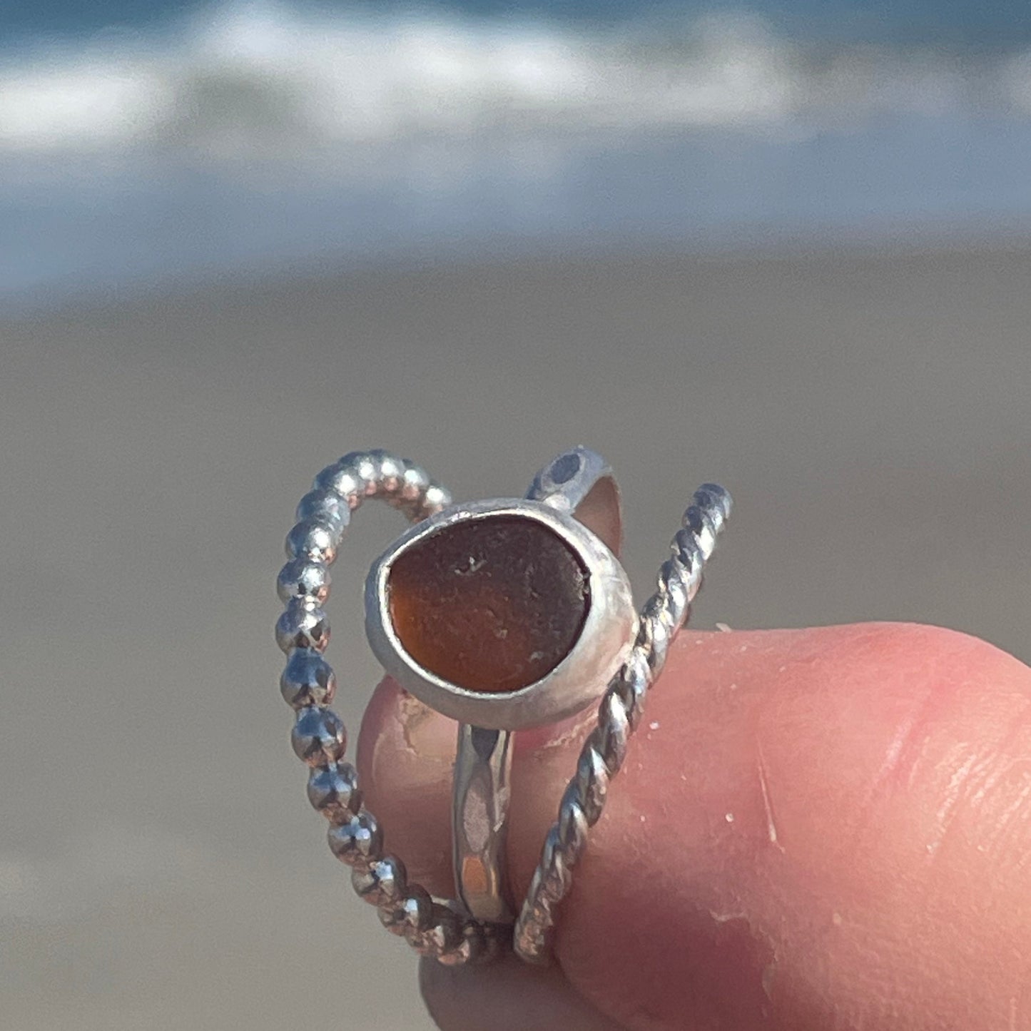 Amber Sea Glass Stacking Rings -Size 6