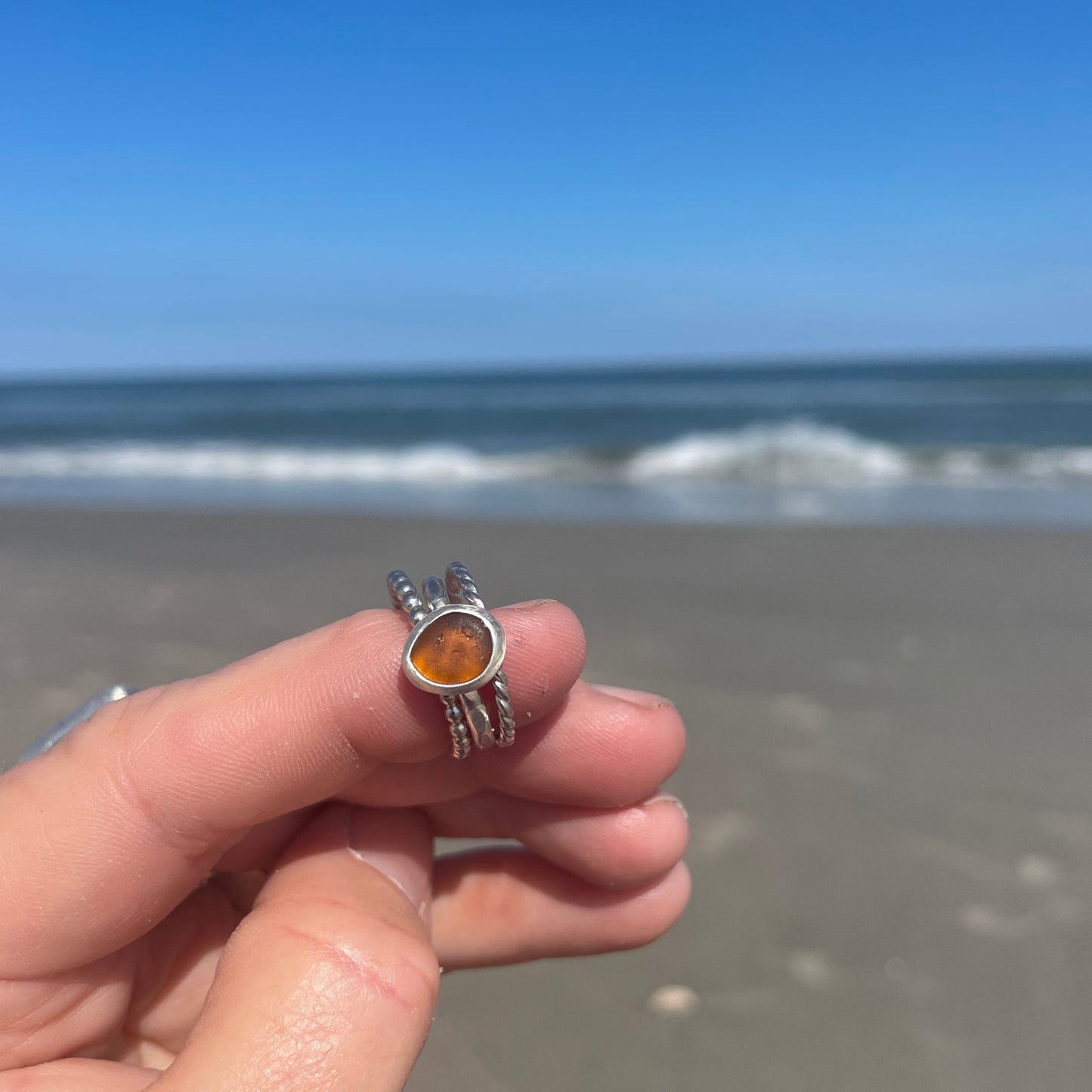 Amber Sea Glass Stacking Rings -Size 6