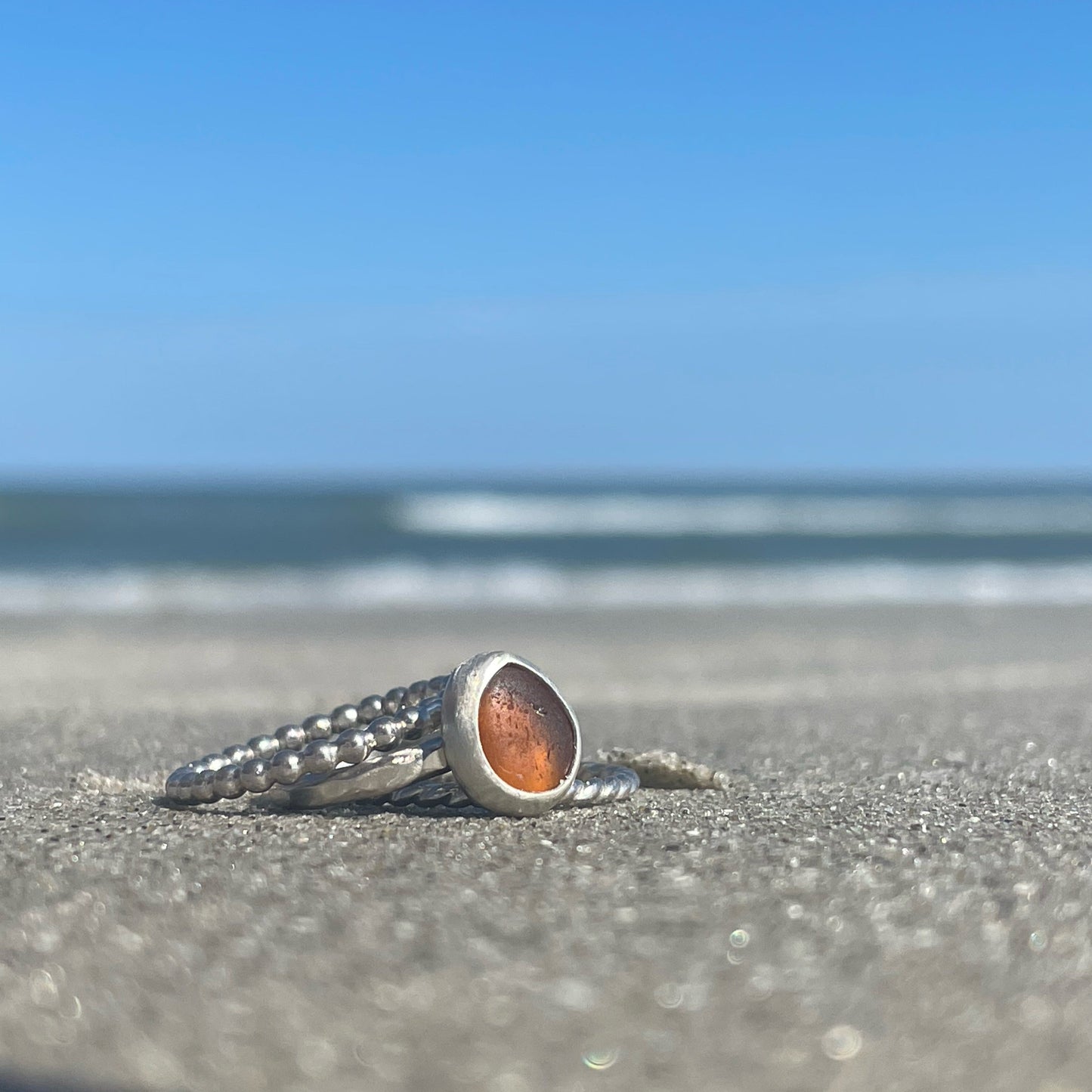 Amber Sea Glass Stacking Rings -Size 6