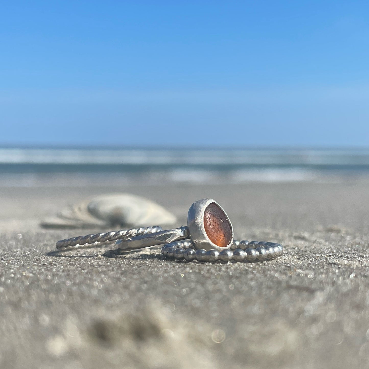 Amber Sea Glass Stacking Rings -Size 6