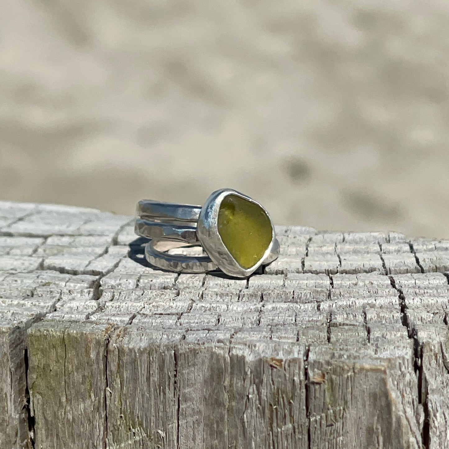 Light Olive Green Sea Glass Stacking Rings - Size 5