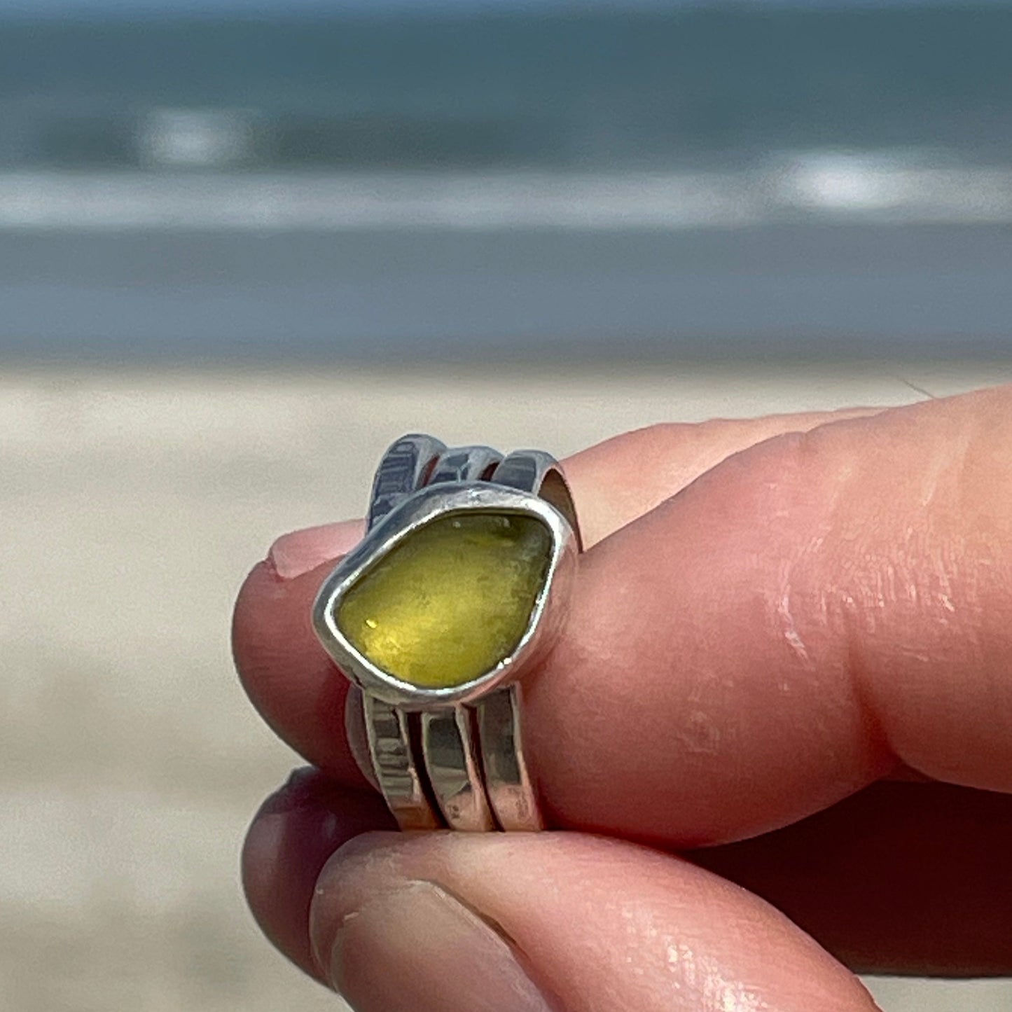 Light Olive Green Sea Glass Stacking Rings - Size 5