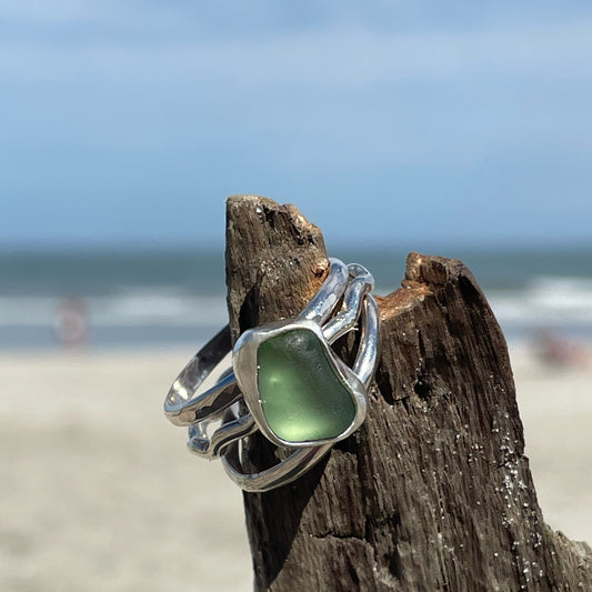 Light Sage Green Sea Glass Stacking Rings - Size 8.25