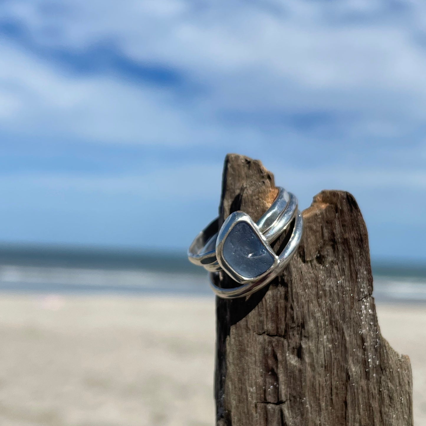 Light Cornflower Blue Sea Glass Stacking Rings - Size 7.5