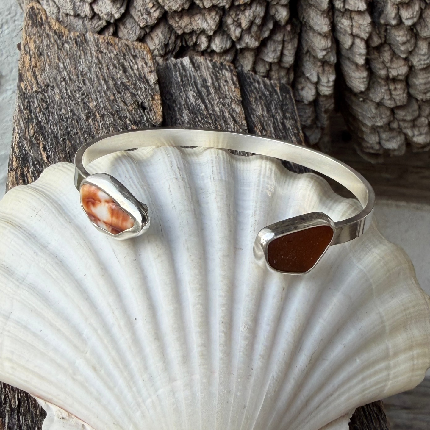 Honey Amber Sea Glass and Shell Cuff Bracelet - Size small
