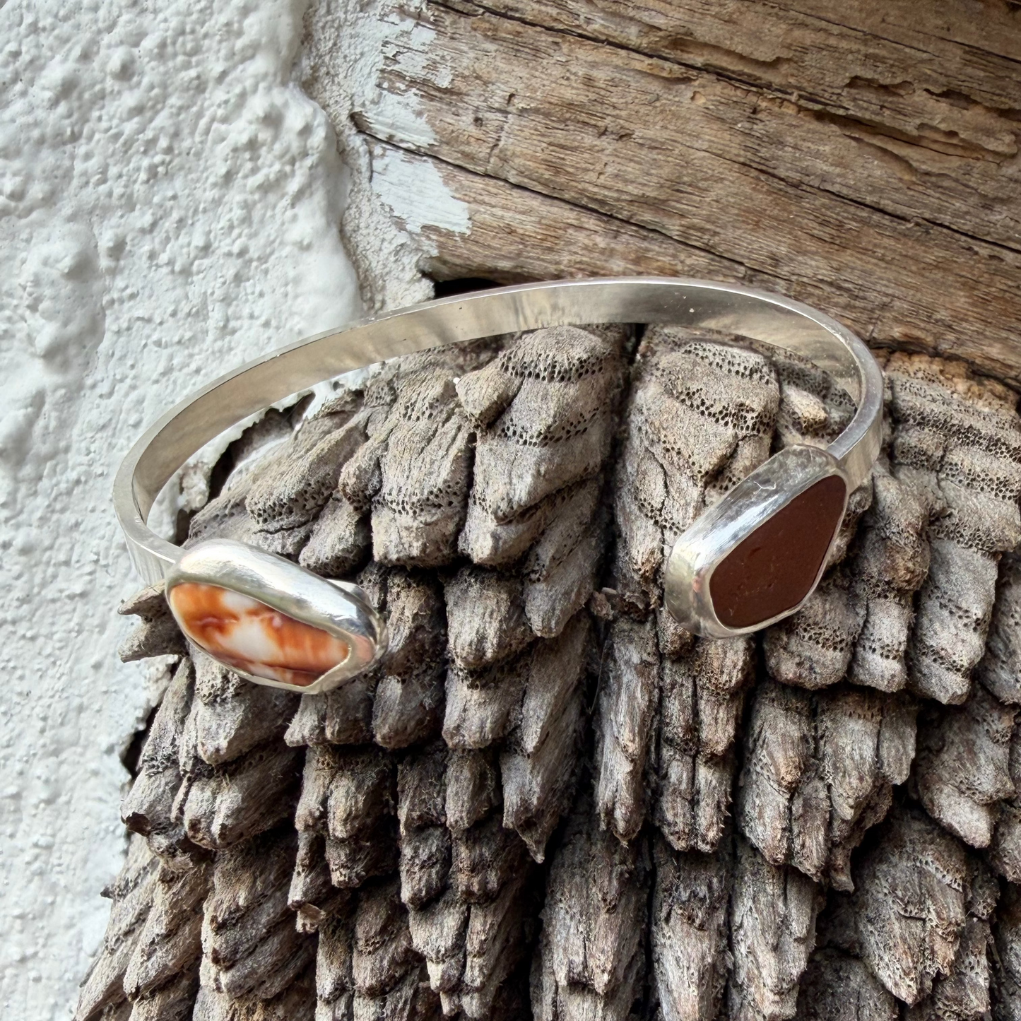 Honey Amber Sea Glass and Shell Cuff Bracelet - Size small