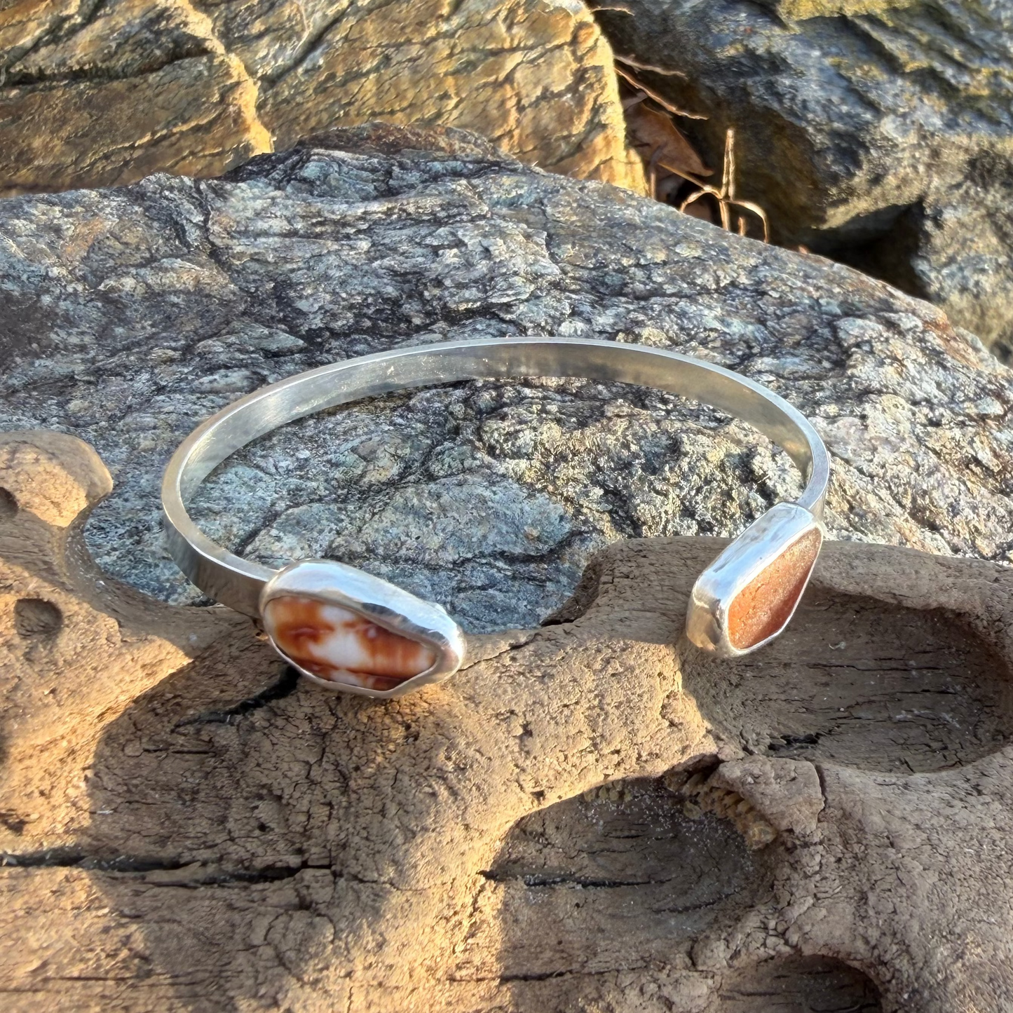 Honey Amber Sea Glass and Shell Cuff Bracelet - Size small